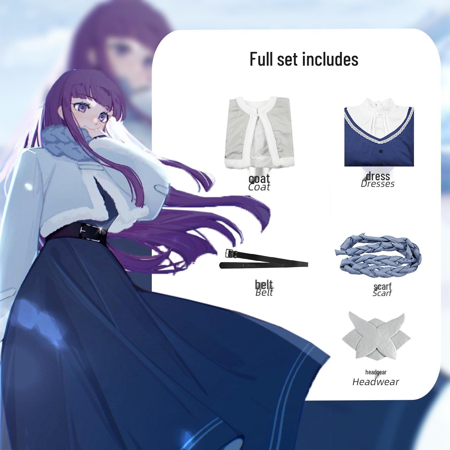 

Frieren Winter Cosplay Outfit: Full Set Dress Coat and Accessories L