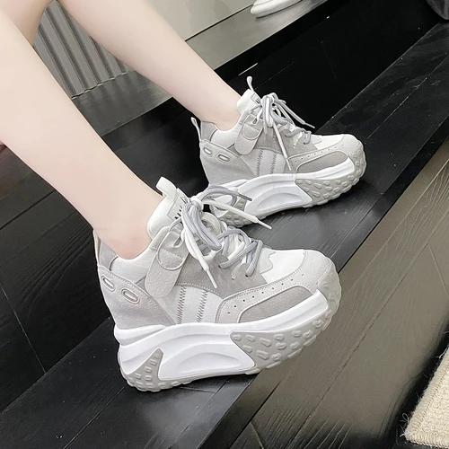 

Модные женские кроссовки на платформе, дышащие, повседневные, кроссовки, массивные туфли на каблуке 10 см, осенние туфли на танкетке, дышащие, увеличивающие рост, женские 34 серый