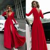Damen Tiefer V-Ausschnitt Langarm Schlitz Ballkleid Kleid Elegant Brautjungfer Abend Maxi Kleid