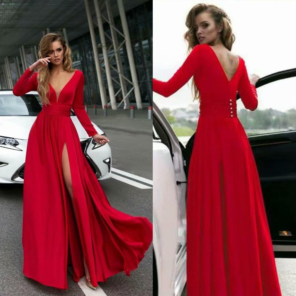 Women Deep V Neck Long Sleeve Slit Prom Gown Dress Elegant Bridesmaid Evening Maxi Dress