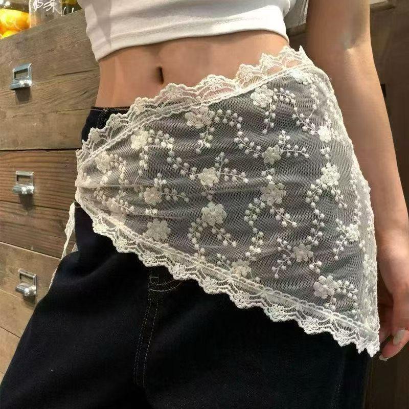 Elegantní korejská minsukně s krajkovým patchworkem a šátkovým pasovým zavazováním
