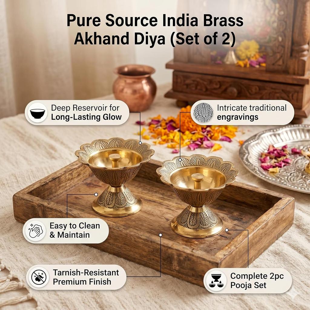 Brass Akhand Diya/Oil Lamp for Pooja, Mandir and Home Decoration (L-6.985 CM) 2pcs