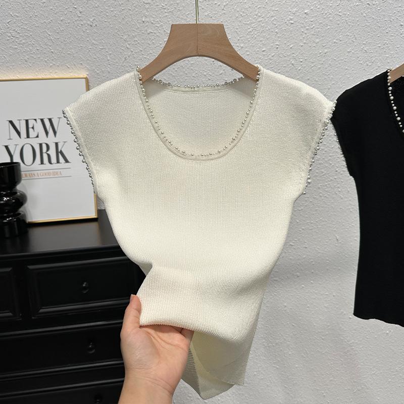 Knitted sweater vest vest women s summer thin slim fit thin bottoming shirt temperament beaded sleeveless top women One size fits all абрикосовый