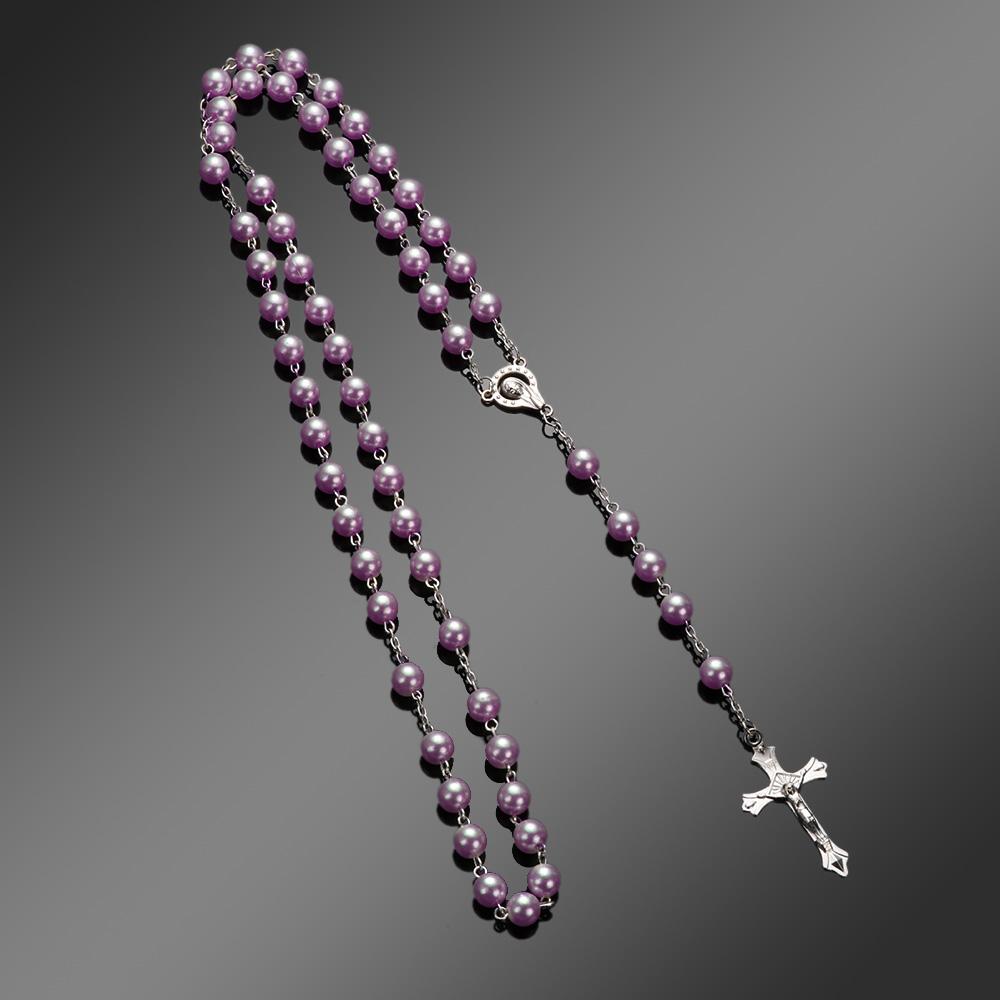 Religion Christian Faux Pearl Rosary Necklace For Women Virgin Mary Jesus Cross Pendant Long Beads Chains Fashion Jewelry
