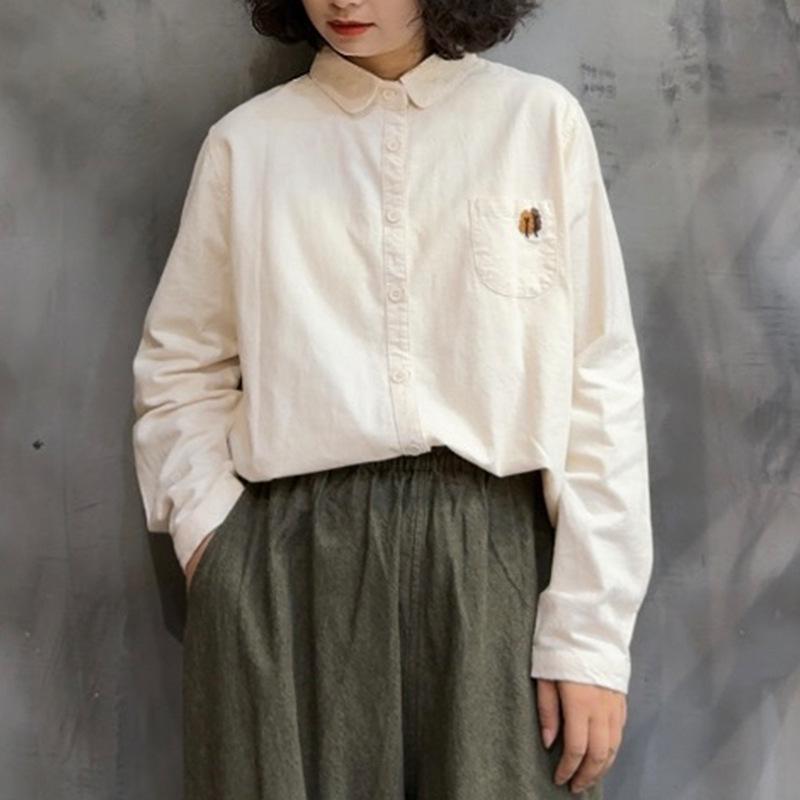 Women s Retro Embroidered Long Sleeve Lapel Shirt - Artistic, Loose, Slimming, Versatile for Autumn/Winter One Size