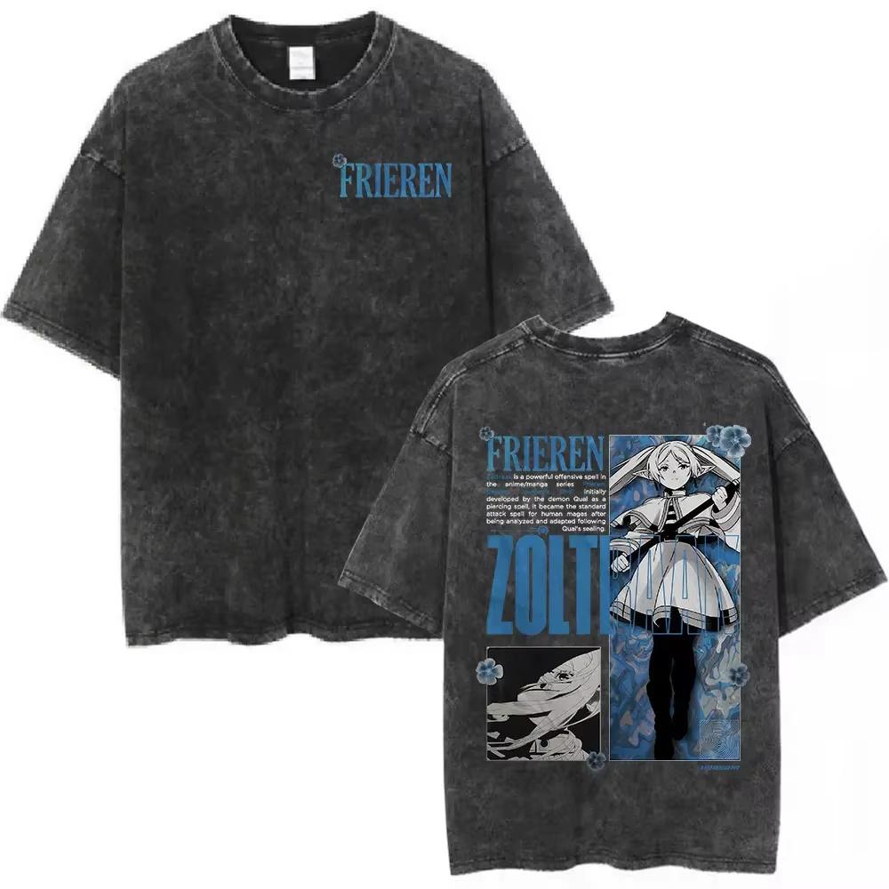 Hot Sale Anime Frieren Beyond Journey's End Vintage Washed T-shirt Men's Women Clothing Fashion Short Sleeve Trendy Streetwear for Daily Looks