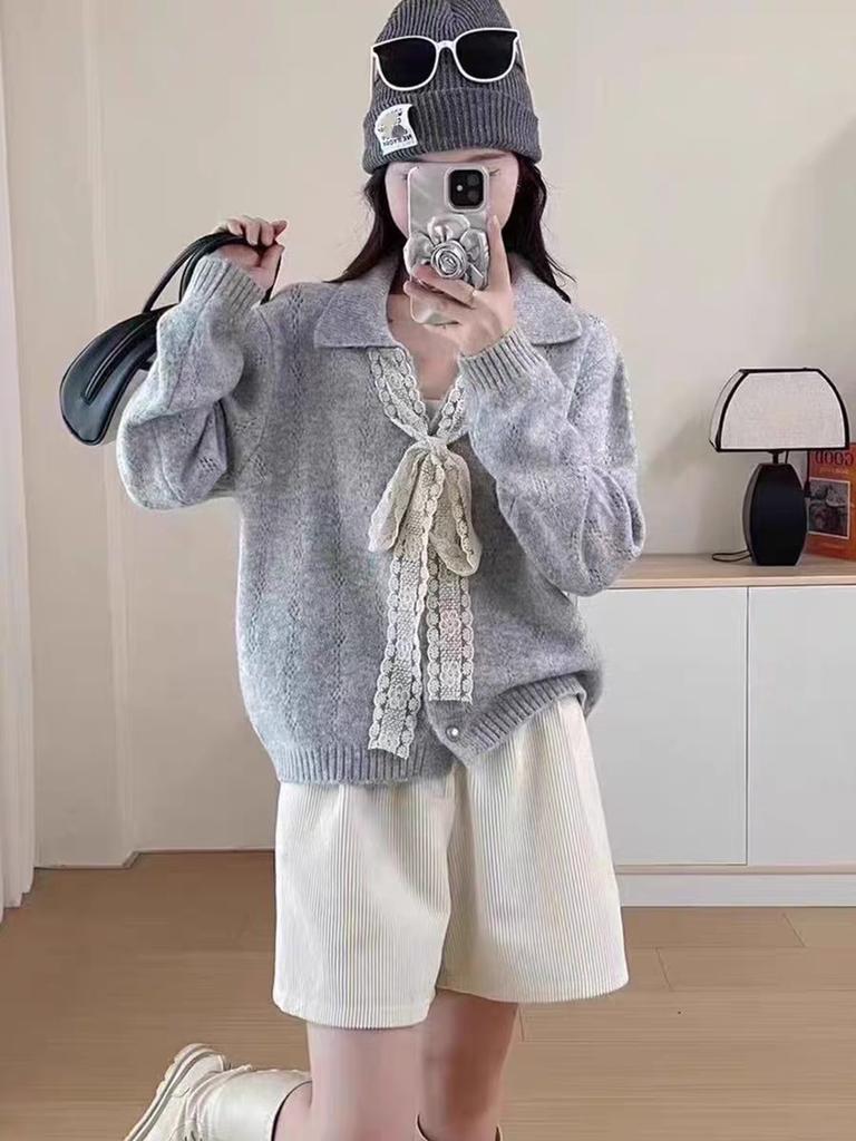 Lace Lace-up Lapel Knitted Cardigan Top Autumn and Winter New Loose Lazy Sweater Jacket Women