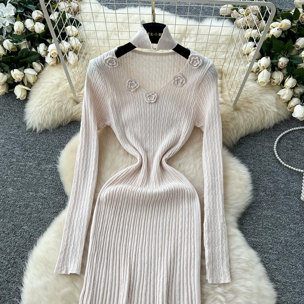 Podzim Zima Dámský Elegantní Svetr s V-výstřihem a Dlouhým Rukávem s 3D Květinami Pletený Pulovr Dlouhé Midi Společenské Šaty