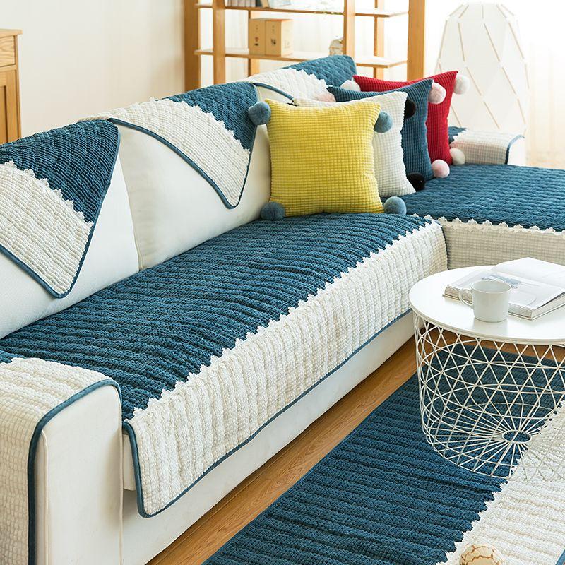 

Nordic Simple Sofa Cushion Non-Slip Fabric All Year Round Neutral Solid Wood Cover Towel Living Room Thickened Model Room Cushion Fleece-Peacock Blue 70*70
