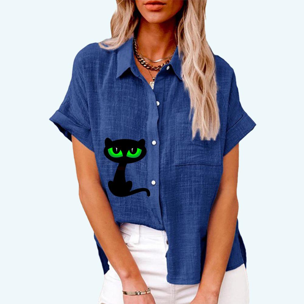 Damenmode Reverskragen Top Sommer&Herbst Lässiges Kurzarm T-Shirt Leinenblusen mit Tasche Katzendruck Strickjacke Lockeres Hemd