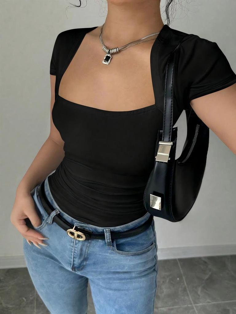 2025 Summer European & American Women's Fashion: Slim Fit Square Neck Casual T-Shirt