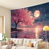 Arazzo Notturno con Fiori di Ciliegio Onirici, Albero di Ciliegio Rosa Sotto una Luna Piena Luminosa con Riflesso sull'Acqua, Rilassante Arte Murale Naturale