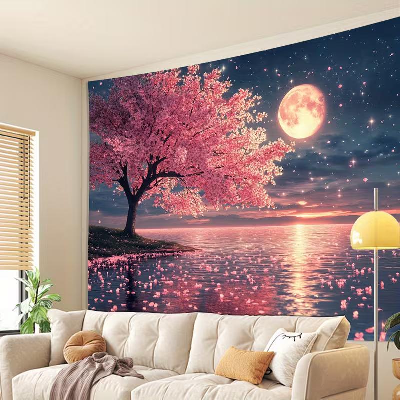 Arazzo Notturno con Fiori di Ciliegio Onirici, Albero di Ciliegio Rosa Sotto una Luna Piena Luminosa con Riflesso sull'Acqua, Rilassante Arte Murale Naturale