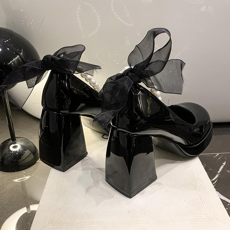 Fashion High-heeled Non-slip Women's New Fashionable and Versatile Foreign-style Pearl Mary Jane Shoes in Spring 2025