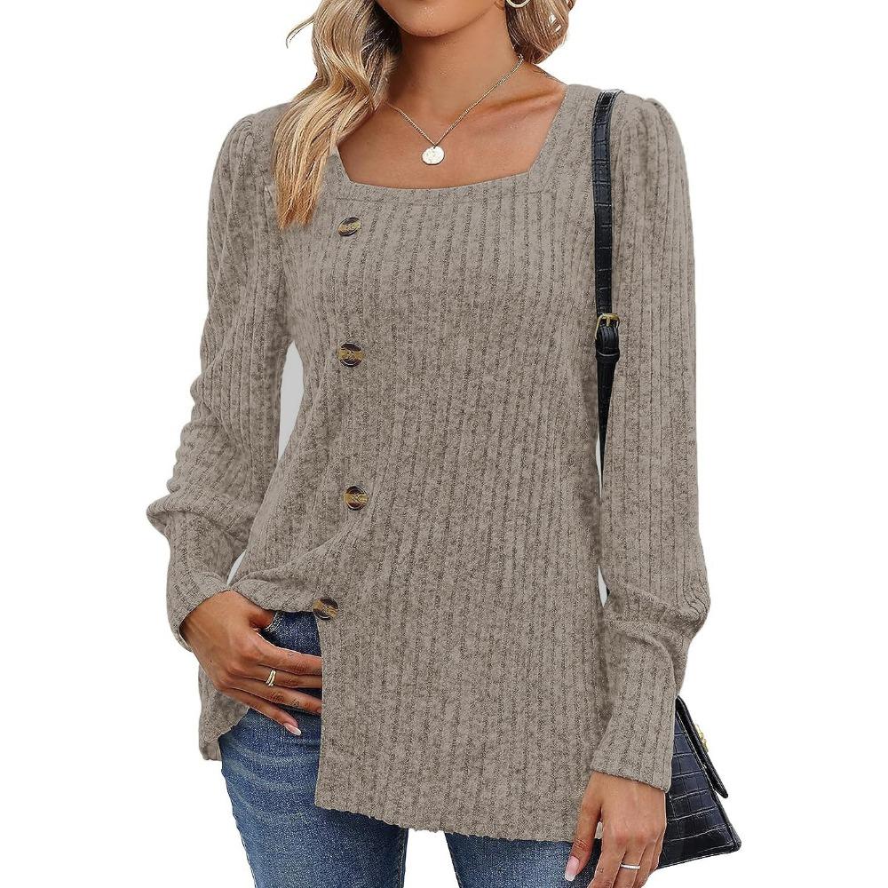 

GMXIA Осенне-зимняя футболка женская с квадратным вырезом, длинным рукавом и однотонной расцветкой L темно-коричневого