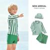 Green Striped Boys' Two-Piece Swimsuit Set with Long Sleeve Sun Protection and Quick-Dry Fabric