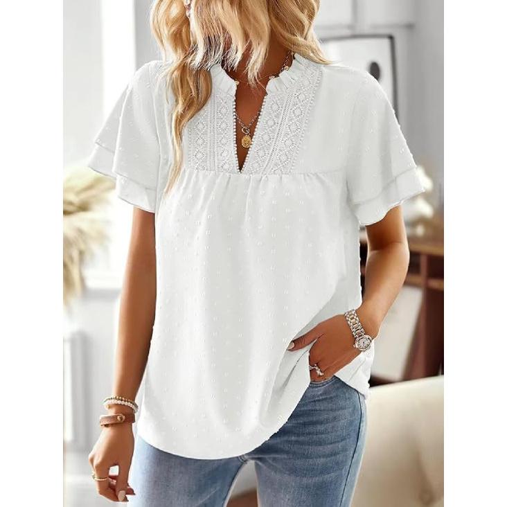 Elegant Resort-Style Deep V Lace Short-Sleeve Women s Blouse 2026 Spring/Summer S белый