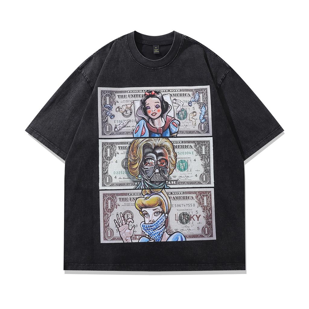 Japanese Cartoon Printed Hiphop Heavy Washed Old Short-Sleeved T-Shirt Men'S And Women'S Hip-Hop Retro Half-Sleeved Tee