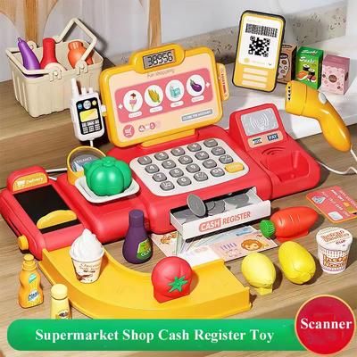 Non-Toxic 36-63Pcs Pretend Play Calculator Cash Register Toy Supermarket Shop Cashier Registers With Scanner Shopping Toys Gifts For Kids