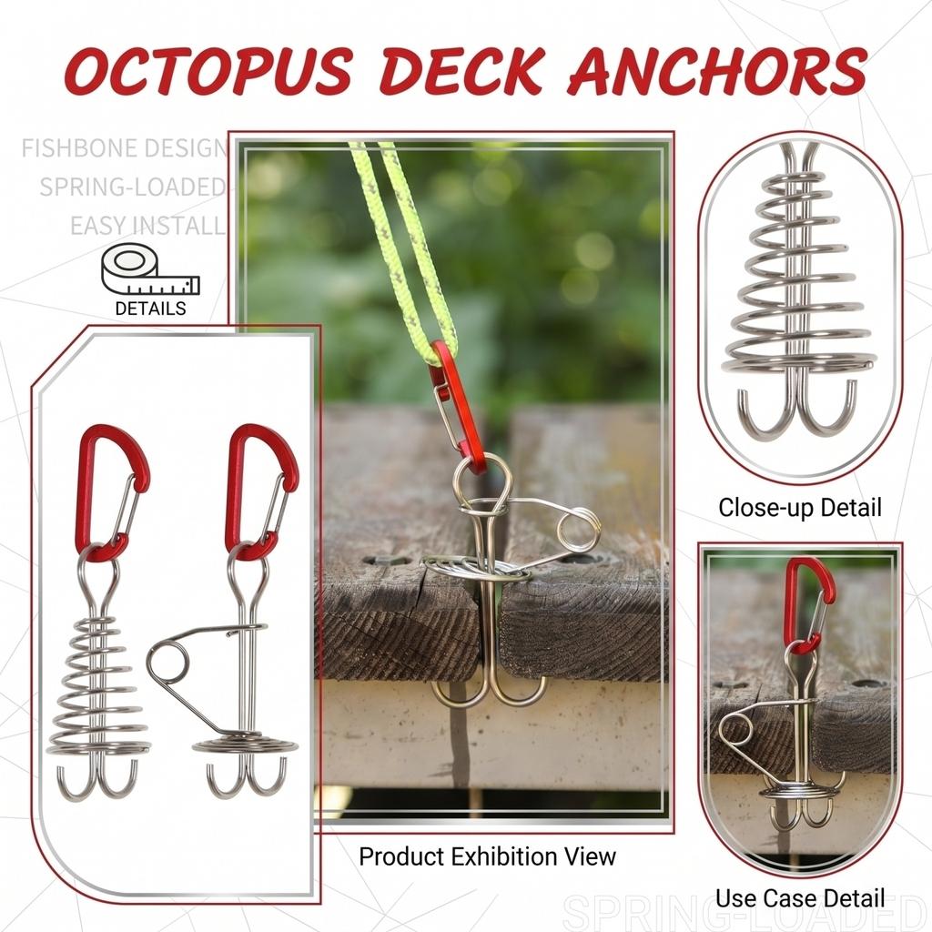 Fishing Tent Stake Spiral Hook with Carabiner Clip Durable Metal Octopus Clamp for Outdoor Camping and Tent Securing