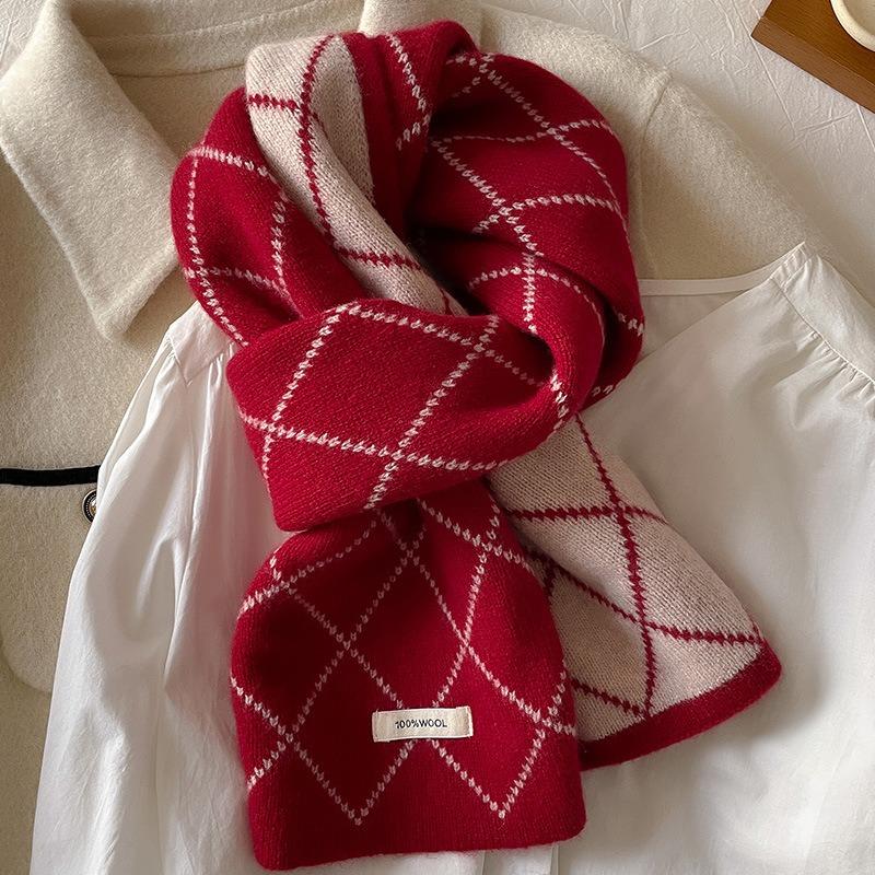 Rhombus plaid wool scarf women's winter warm long knitted two-color versatile scarf student couple