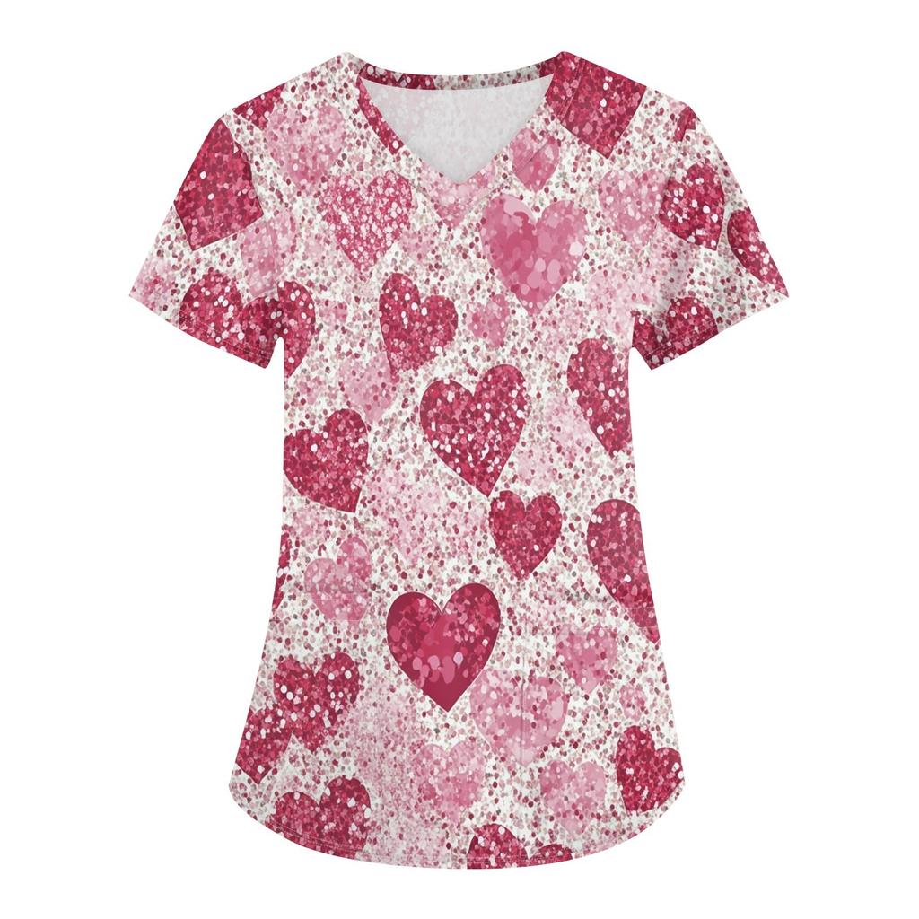 Women's Fashion V-neck Short-sleeved Work Clothes With Pockets Valentine's Day Print Top Care Wear