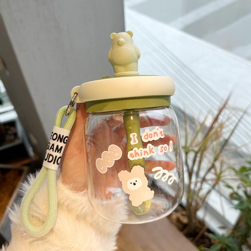

Kawaii Bear Jumbo Boba Water Bottle 800ml Cute Plastic Bubble Tea Juice Travel Portable Drink Bottle With Sticker Straw BPA Free 800ml зелений