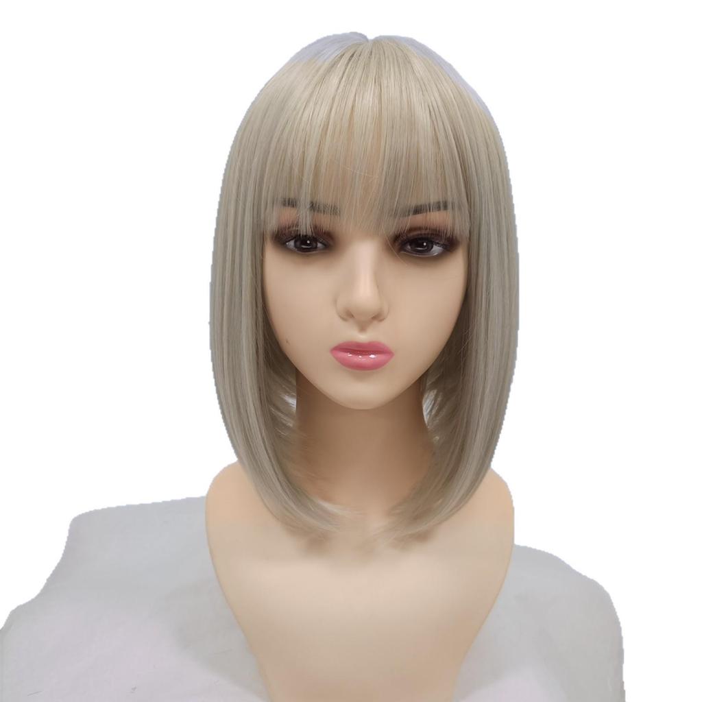 12-inch Short Straight Bangs Wig for Women - European & American Style Synthetic Bob