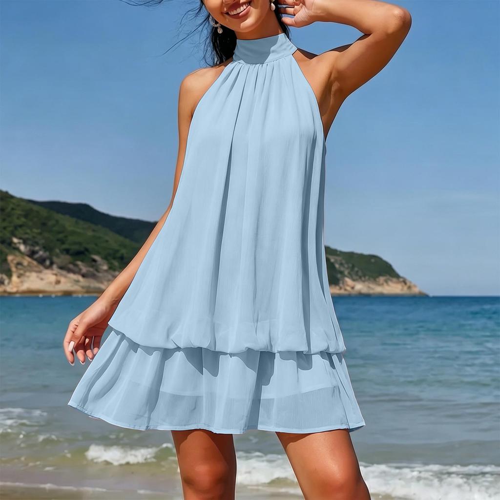 Sleeveless Halter Neck Mini Dress with Layered Hem and Loose Fit for Women Suitable for Various Occasions