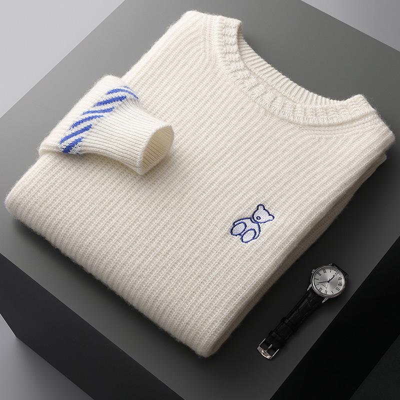 Men's 100% Wool Round Neck Sweater - Thickened, Fashionable, Casual Loose Fit for Teens, Solid Color Knitted Design.
