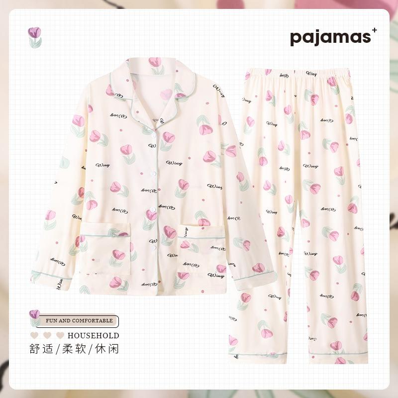 Women's Pajamas Spring and Autumn Imitation Cotton Long-sleeved Autumn New Large-size Cardigan Set Mother Loungewear