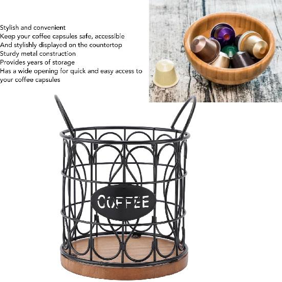 Coffee Pod Basket, Decorative Round Wire Capsule Holder with Wooden Base, Proof Metal Construction, Weighted Base, For Cafe Kitchen (Black)