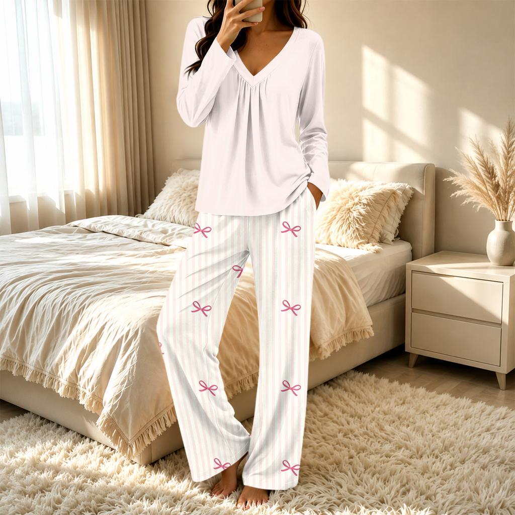 Women's V-Neck Loose Fit Printed Pajama Set Two Piece Sleepwear for Casual
