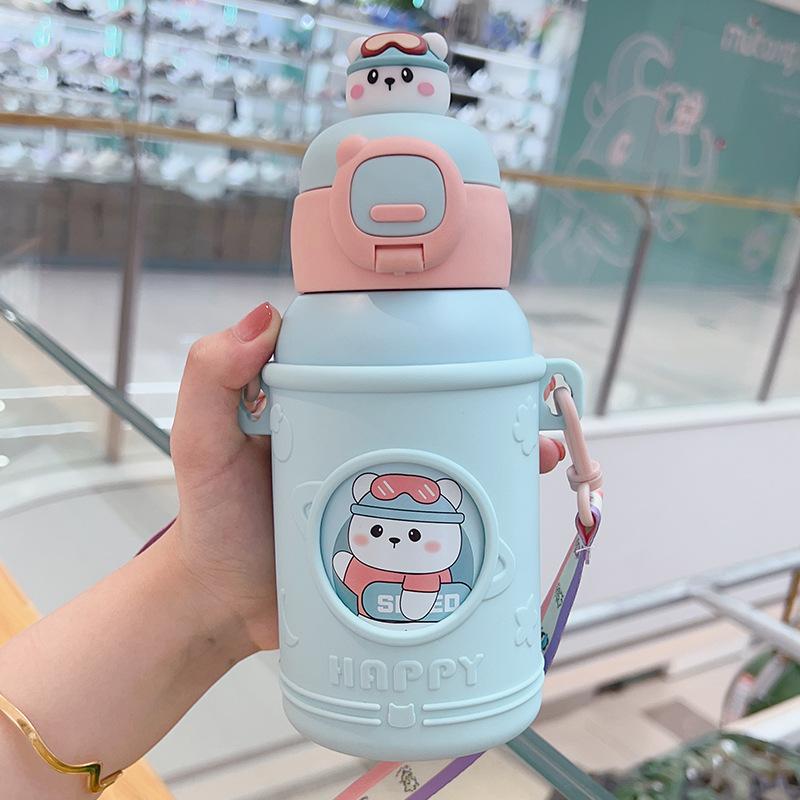 New children's thermal insulation water cup high value 316 stainless steel cartoon animal doll straw water cup gift