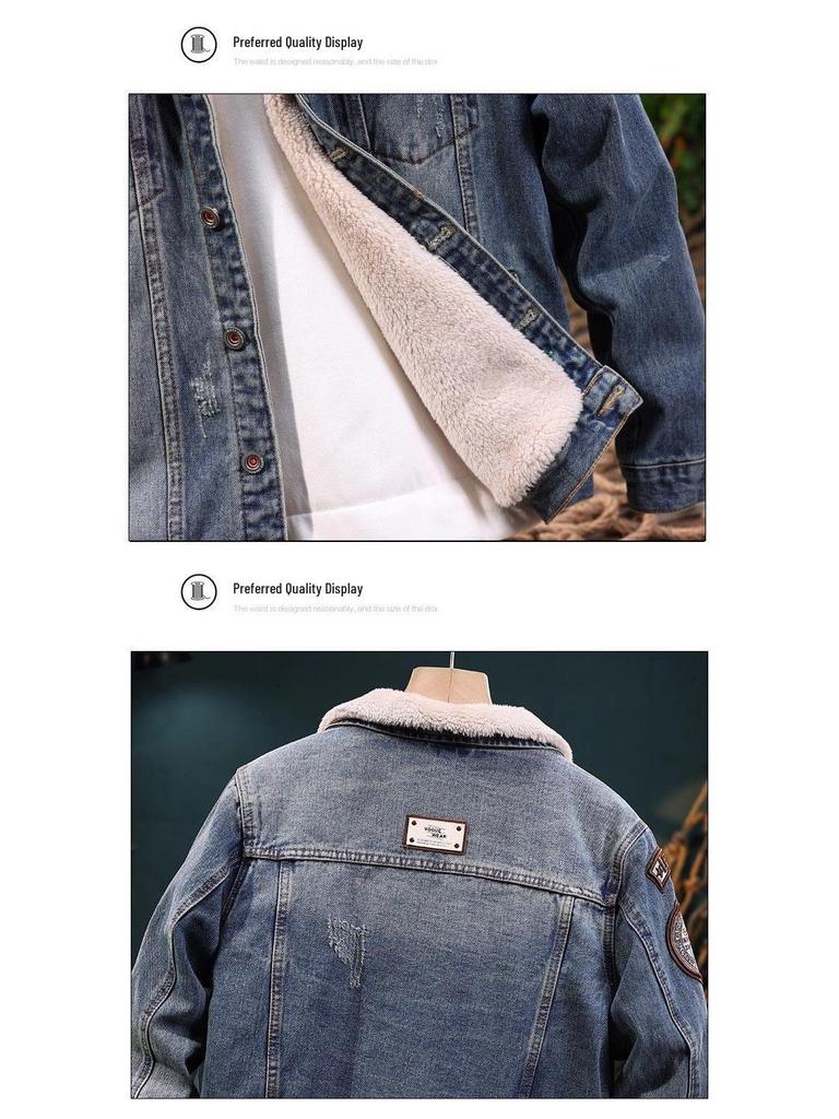 Men's Retro Winter Denim Jacket with Lambswool Lining - Trendy, Handsome, and Warm Cotton Outerwear