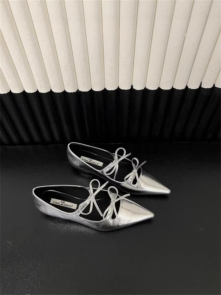 2025 spring and autumn new Korean flat-bottomed pointed single shoes women's bow shallow mouth one pedal Mary Jane shoes