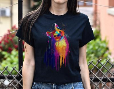 Watercolor Splash Cat Unisex Shirt S-2XL Black Navy Dark Heather