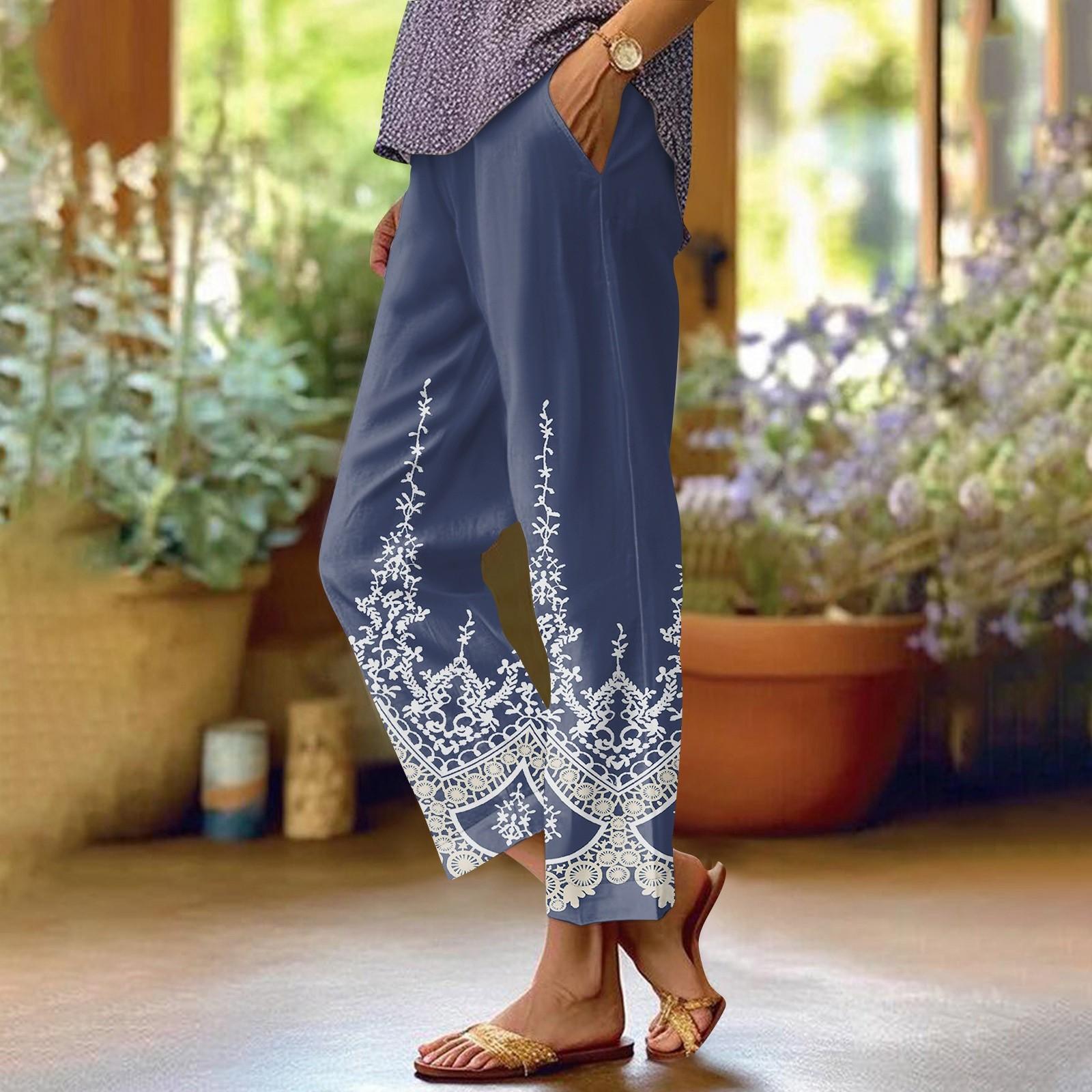 Women s Casual Pants Fashionable Printing Pockets Elastic Waist Pants L