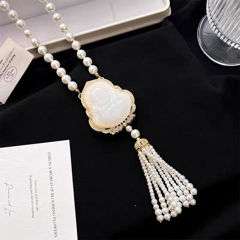 Luxury Imitation Chalcedony Buddha Sweater Chain Necklace - Autumn/Winter Fashionable Versatile Accessory for Women