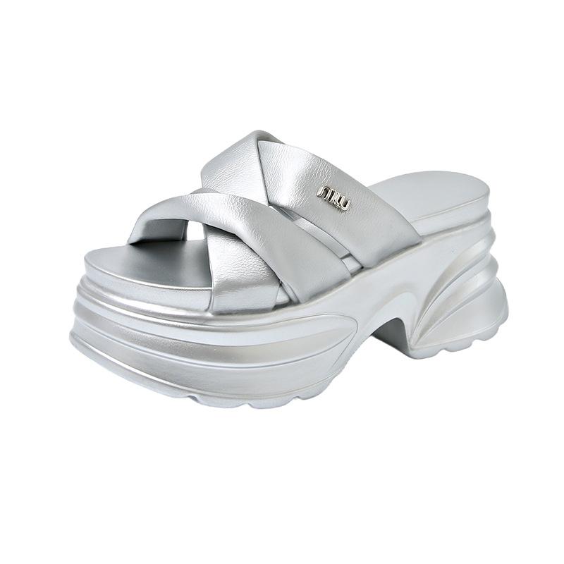 

10 cm thick-soled slippers women s super high heel outer wear summer inner height increase black wedge heel sandals versatile sandals 35 срібний