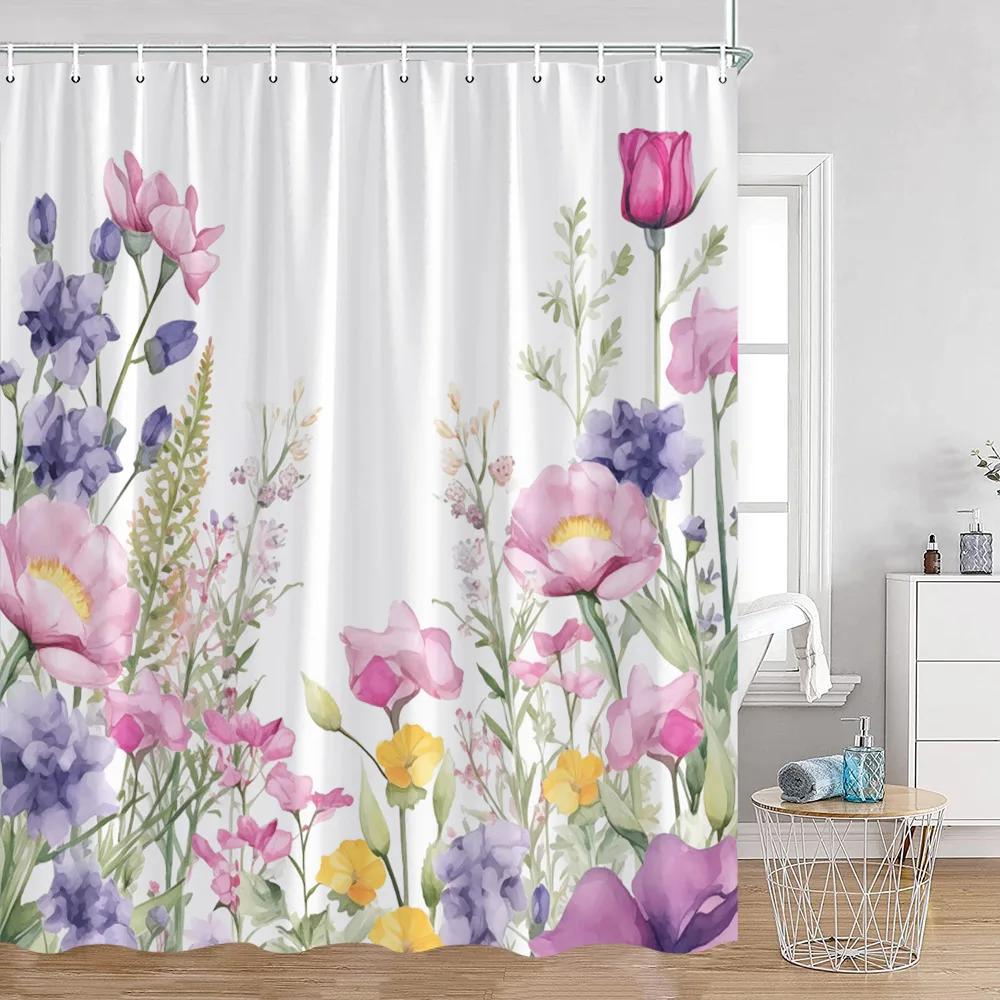 Watercolor Flowers Floral Shower Curtains Butterfly Greenery Plants Nature Home Decor for Bathroom Polyester Fabric Bath Curtain