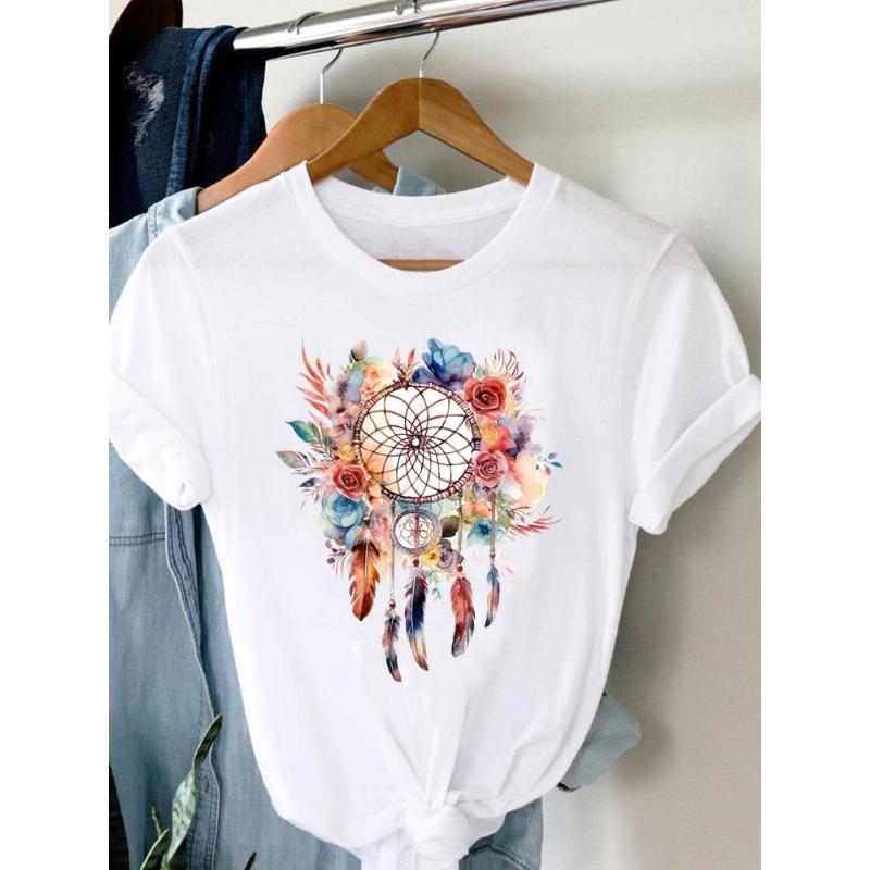 (European Size)90s Women Flower Watercolor Lovely Trend Short Sleeve Fashion Print Lady Tee Top Clothing Casual Tshirt Female Graphic T-shirts