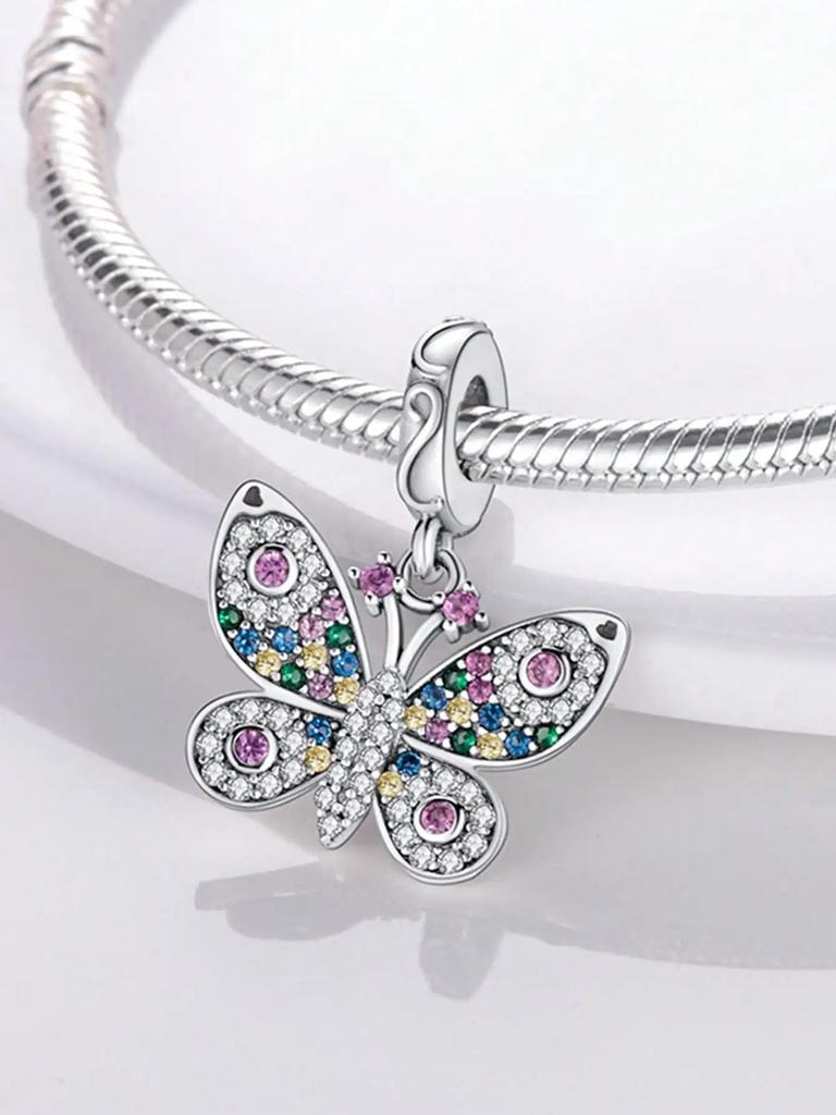 Charms Plata Copper Colors Colorful Butterfly Flowers Beads Charm Pendant For Original Bracelet For Women Diy Jewelry Love Gift