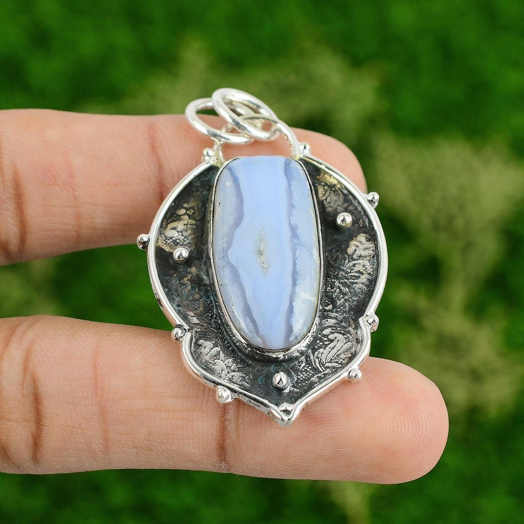 Daughters Day Deal Oval Blue Lace Agate Stone 925 Silver Elegant Wedding Pendant