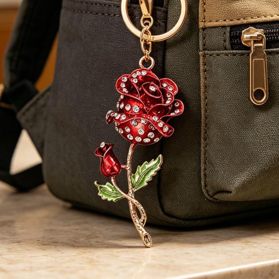 Keychain Pendant Rose Flower Shape Key Holder with Multicolor Rhinestones Anti-Oxidation Lobster Clasp Keyring Backpacks Car Accessory