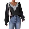 Lace Sequin Collar Flower, Spliced V-neck, Pullover Top, Women's Clothing, Loose and Lazy Style, Long Sleeved Sweater