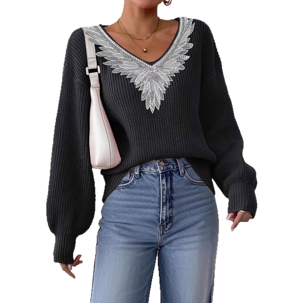 Lace Sequin Collar Flower, Spliced V-neck, Pullover Top, Women's Clothing, Loose and Lazy Style, Long Sleeved Sweater