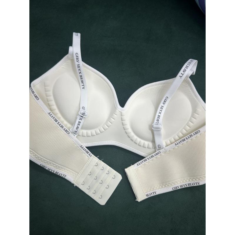 Women's Cotton Push Up Bra, Ribbed Seamless Wireless Bralette, Letter Strap Shapewear Bra