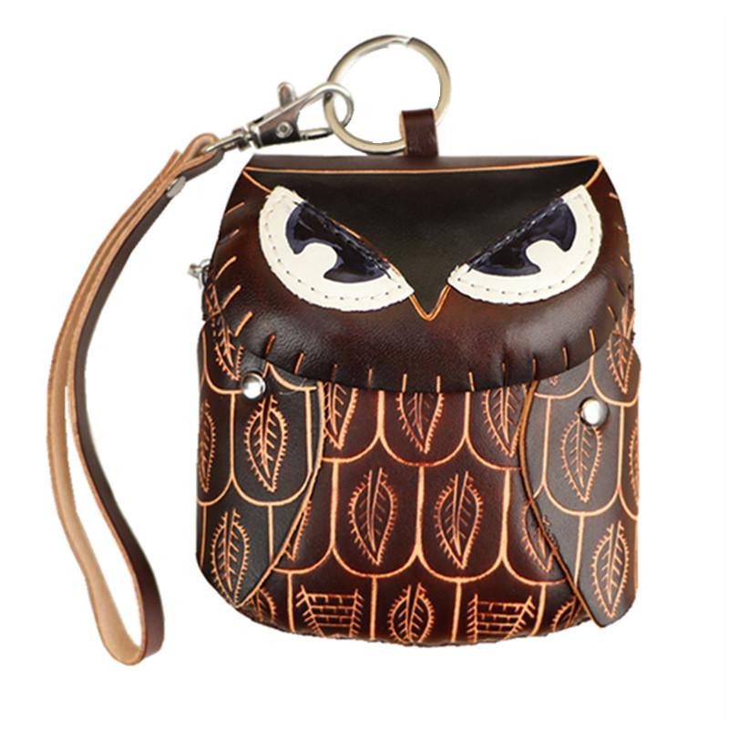 First Layer Cowhide Creative Owl Mini Change Bag Cowhide Card Bag Key Bag Clutch Bag Flip Hand Bag