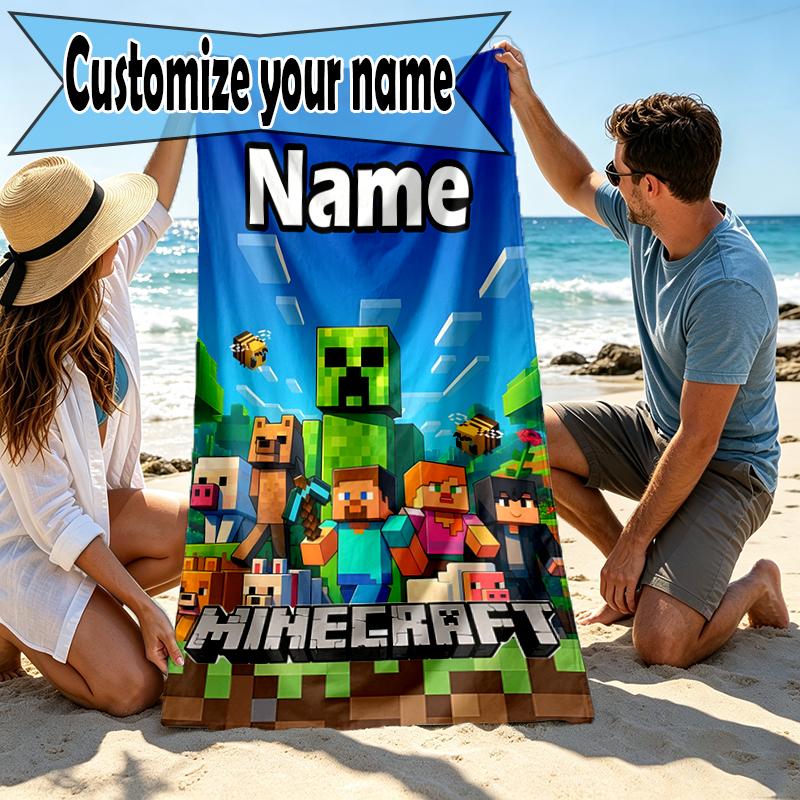 Custom Name Personalized Minecraft Print Beach Towel, for Trip Camping Beach Party Home Decor, Birthday Gift for Family & Friends